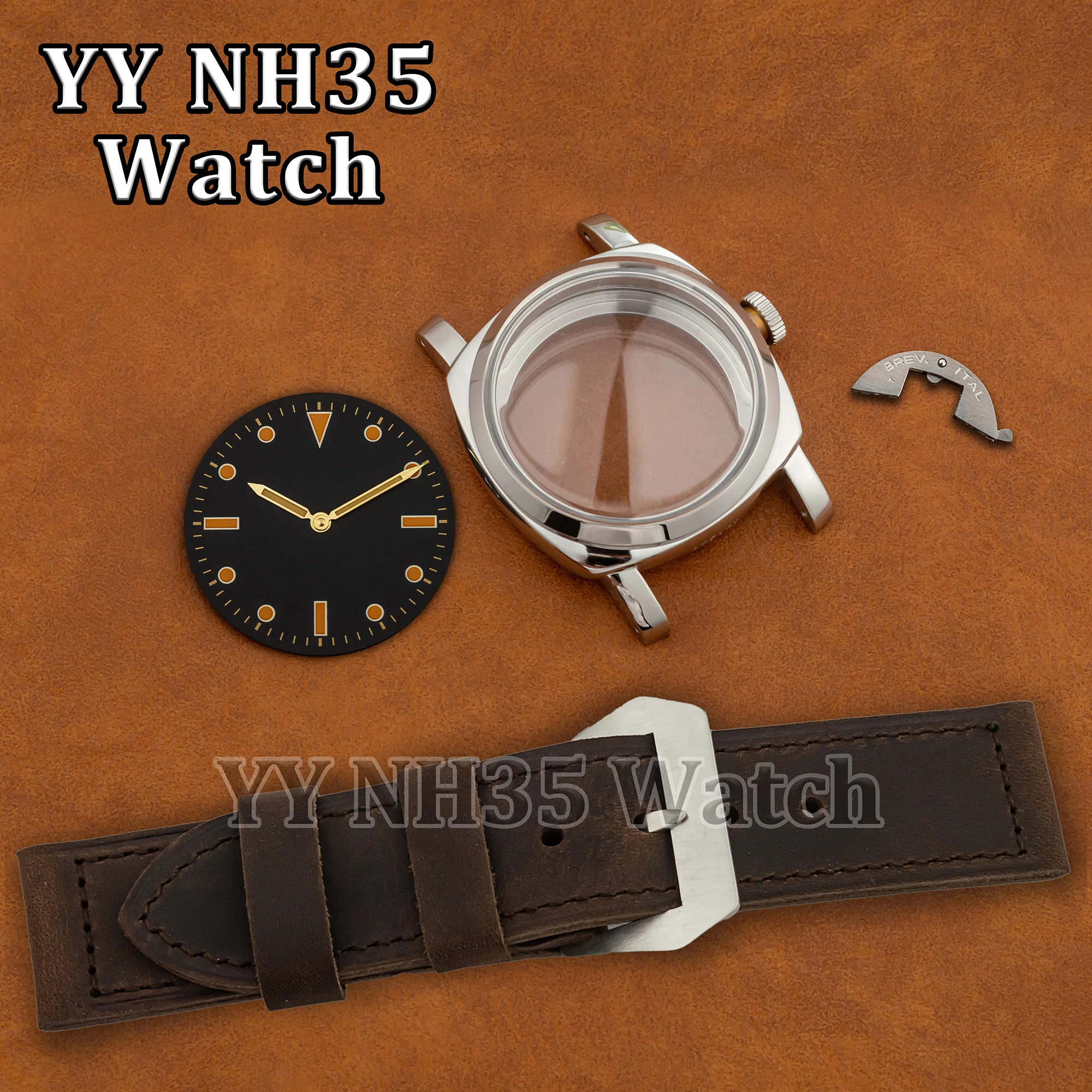 

Watch Case Genuine Leather Strap for PAM 6152 Sapphire Crystal Water Resistant Case fit ETA 6497/6498/ST3600 Automatic Movement