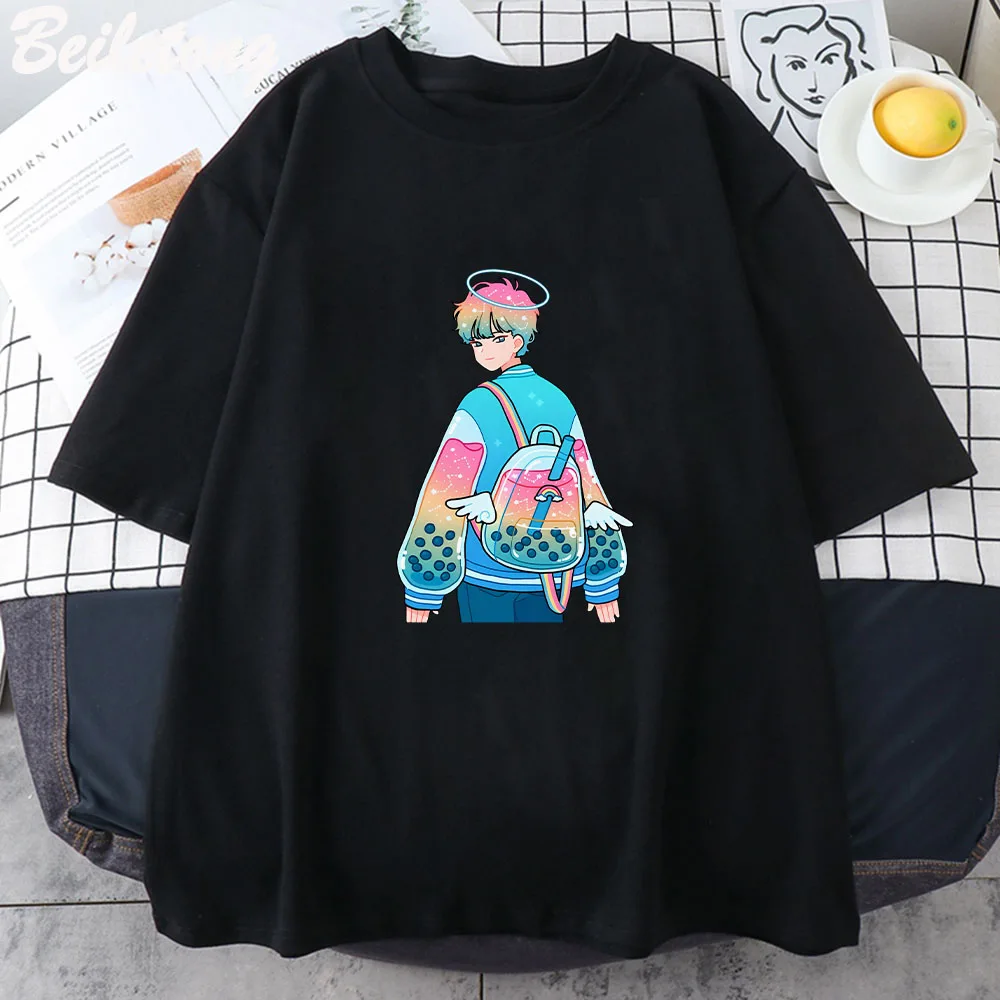 Rainbow Boba T-Shirt Women Popular T Shirt Cartoon Graphic Print Women`s  Clothing Tops Summer Oversized T Shirt Girls Tshirts