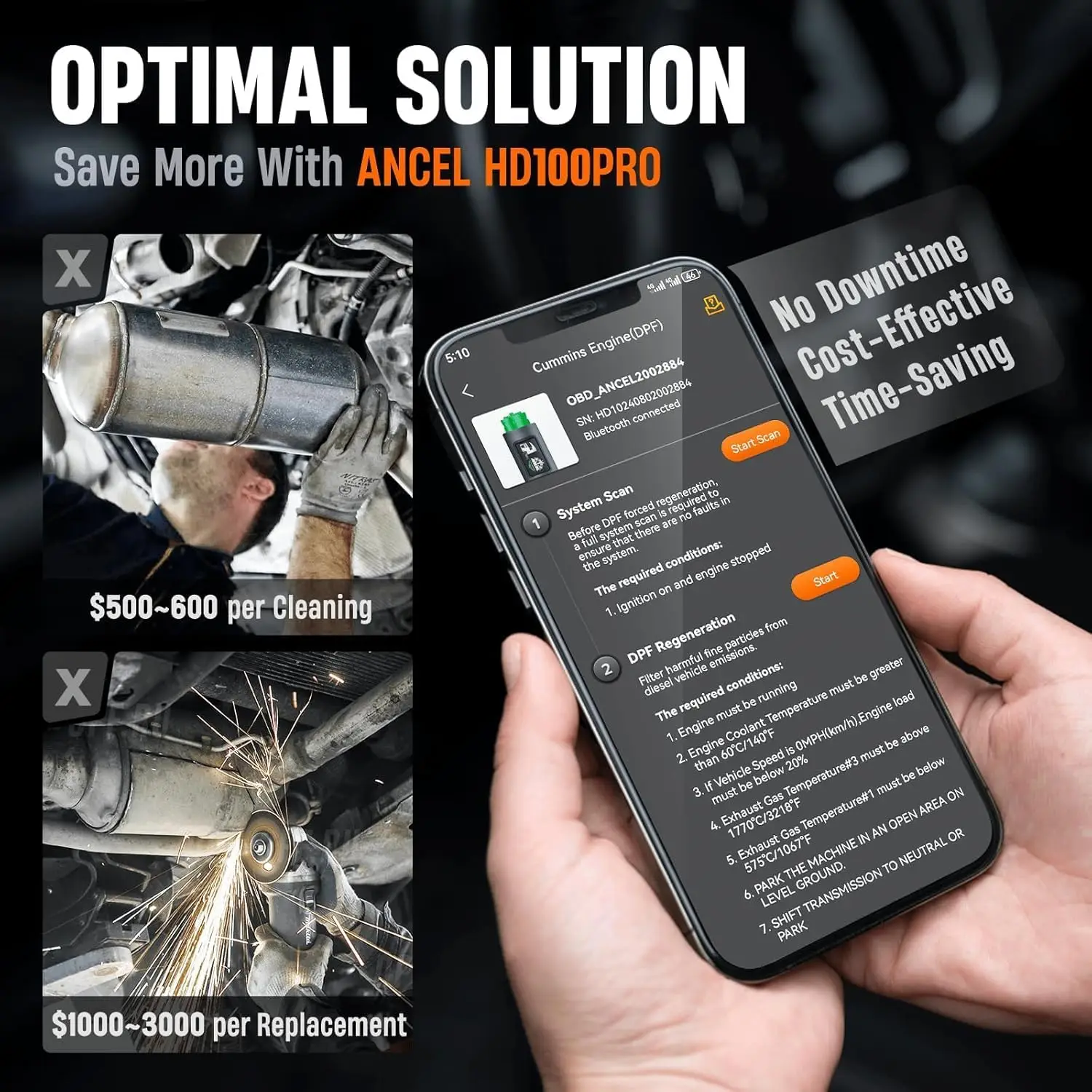 ANCEL HD100 Skaner do pojazdów ciężarowych z funkcją resetowania DPF i wymuszonym regenerowaniem, skaner diagnostyczny do wszystkich systemów, do silników diesla Cummins Detroit