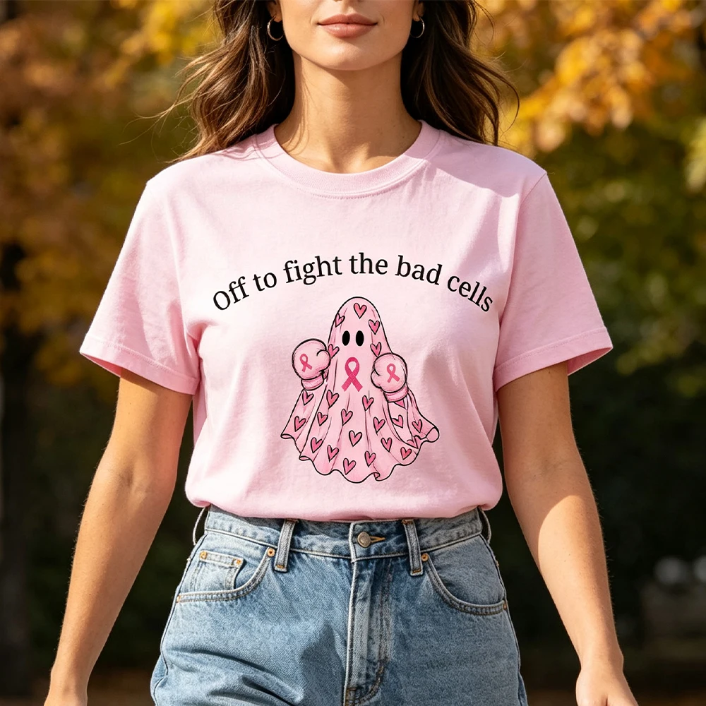 Pink Off To Fight The Bad Cells Ghost Women Shirt Breast Cancer Awareness Tops Pink Ribbon Ghost Tee Breast Cancer Survivor Gift