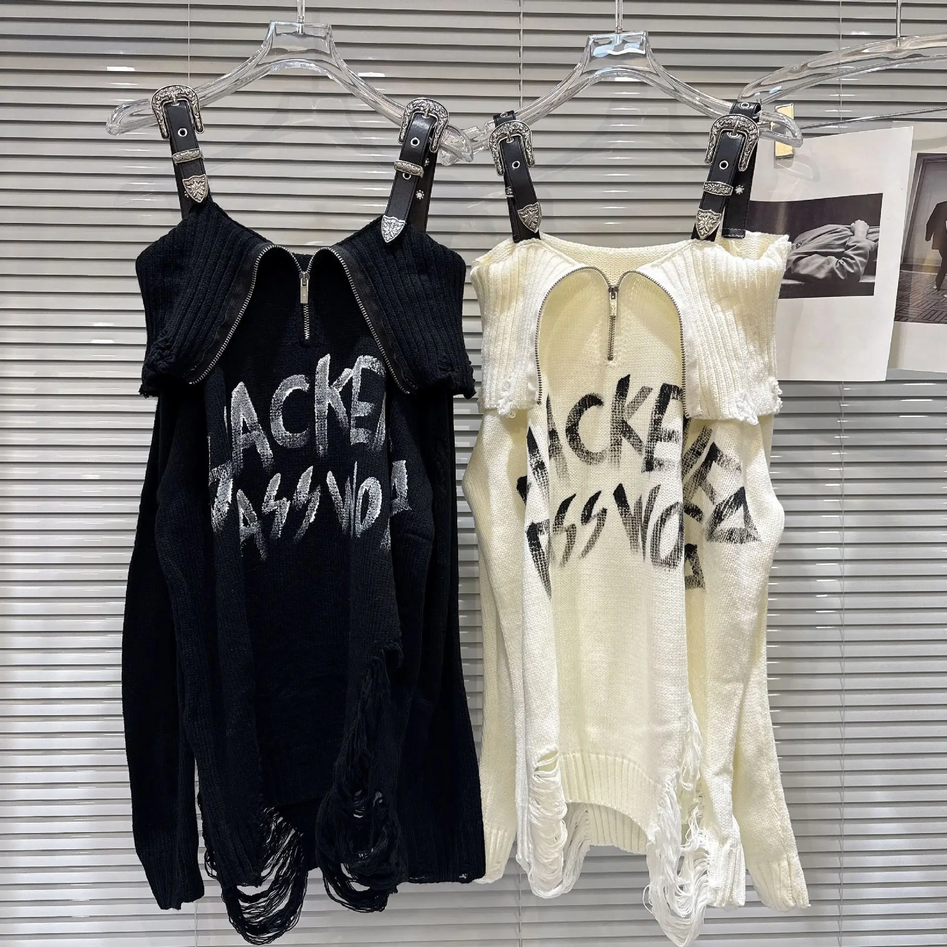 

Fashion Autumn New Items Distressed Leather Buckle Off-Shoulder Knitted Tops For Women Loose Niche Design Pullover