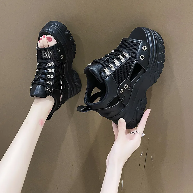 Summer Sexy Lace Up Sandals Wedges Shoes Breathable Wedges 8CM High Heels Ladies Beach Mesh Slippers Chunky Rome Shoes 34-39