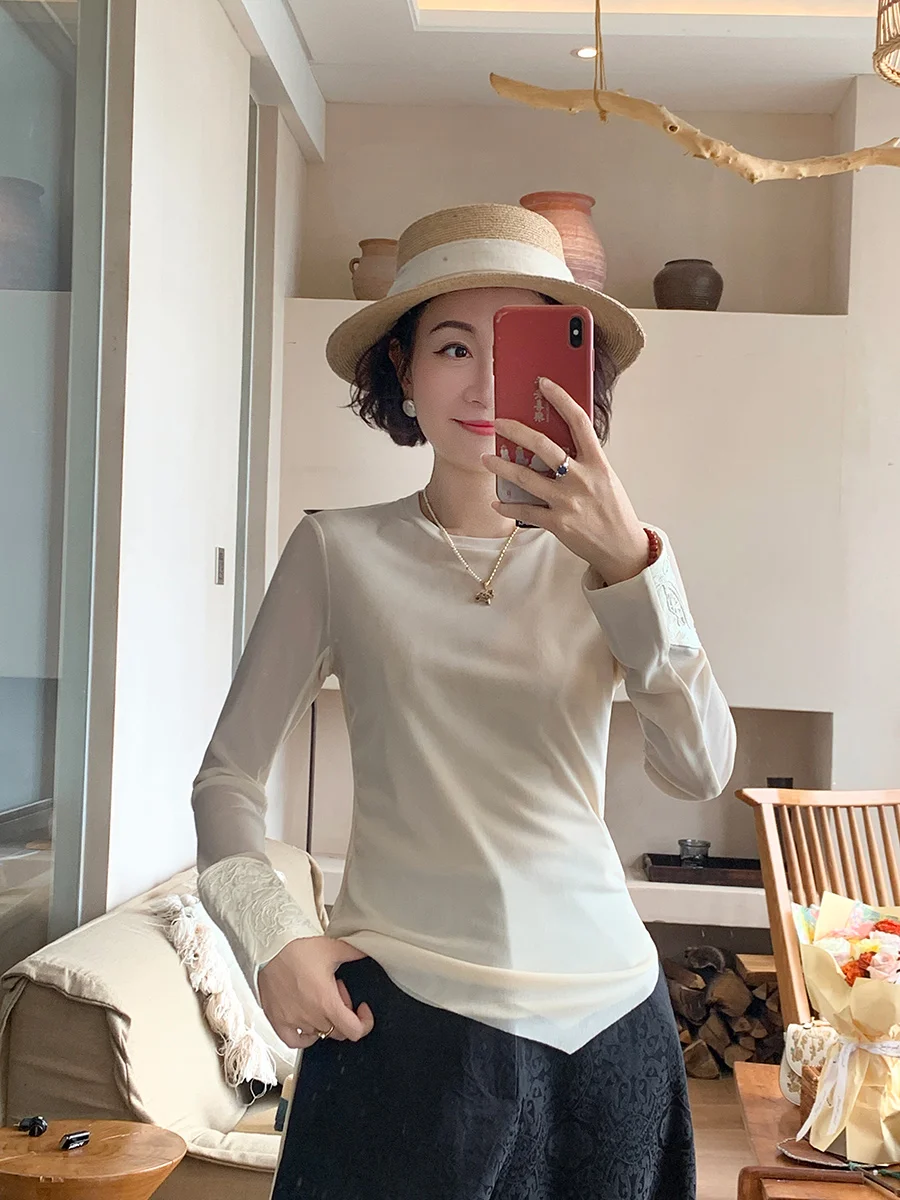 

Удобная женская футболка с круглым вырезом и бисером, тонкая, повседневная, простого стиля, с длинным рукавом, из нейлона, незаменимая вещь для весны и лета