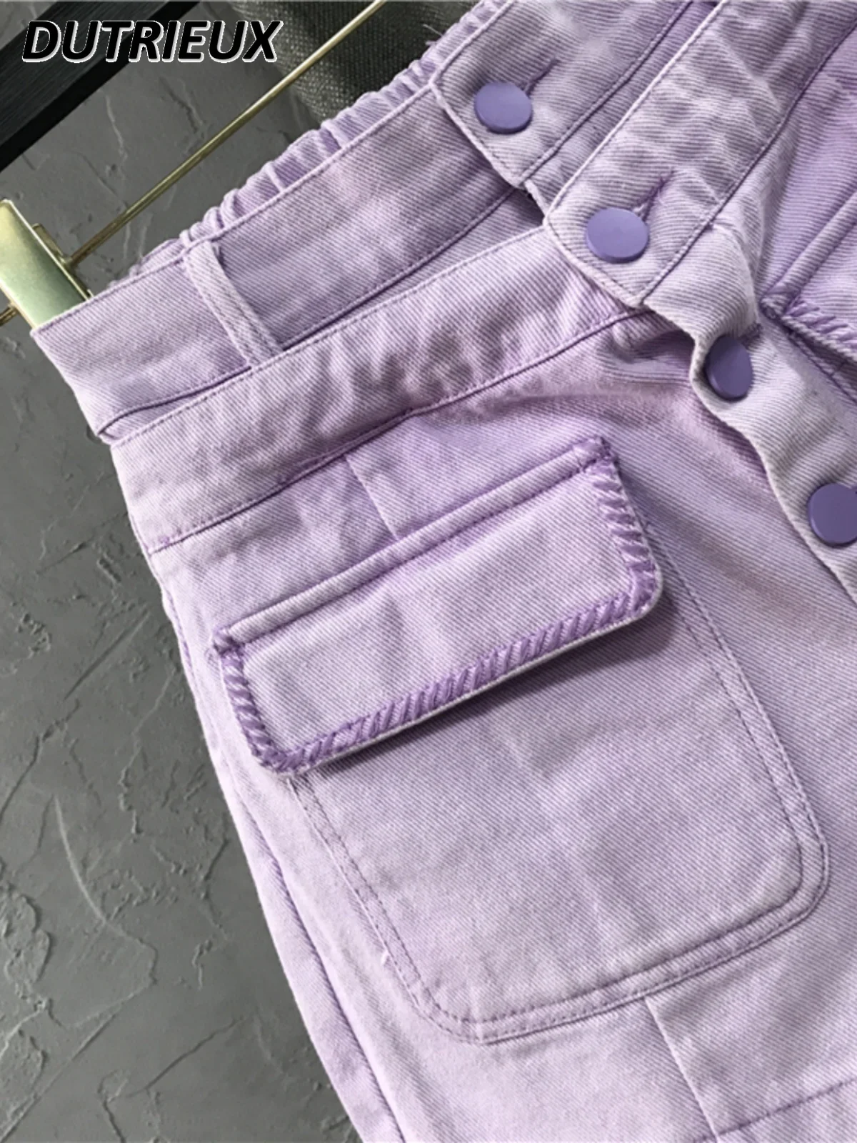 Shorts jeans estilo coreano de cintura alta para mulheres, perna larga, saia linha A, roxo, design de bolso, 2 peças falsas, verão, novo, 2022