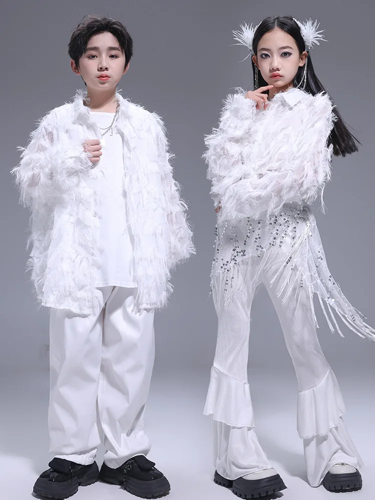 

Элегантная блузка с перьями и пайетками для девочек в стиле K-pop, детские брюки для хип-хопа и джазовых танцев, милый уличный костюм для детей, комплекты одежды в стиле принцессы