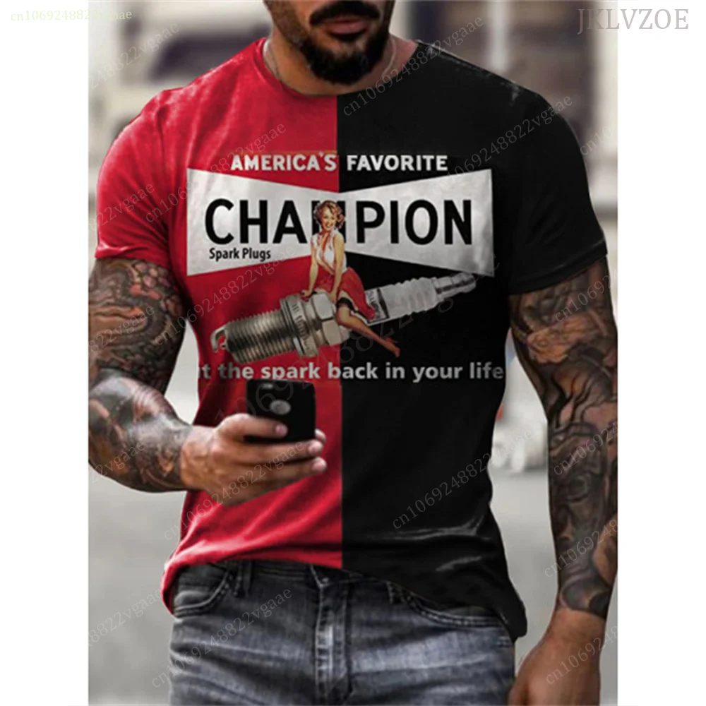 Summer Champion T Shirt Men Sparking Plug Vintage Short Sleeve Racing Tees 3D Print Male Oversized Tops Team