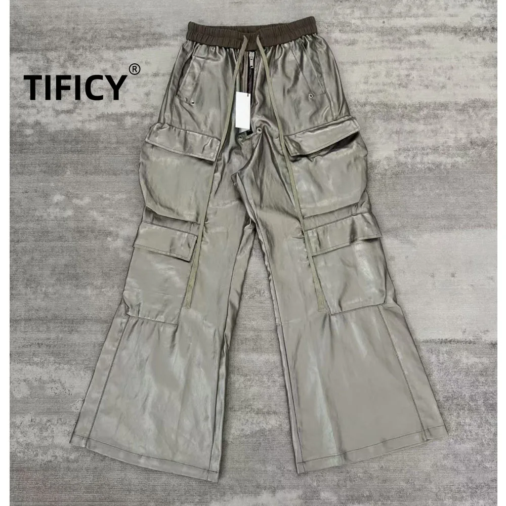 

High Street Pants DK Dark Men's Workwear with Multiple Pockets Floor Length Casual Pants Copper Gray Glossy Wide Leg Pants