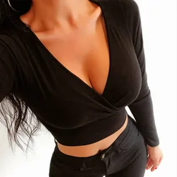 Sexy Solid Basic Long Sleeve T Shirt Women Tshirt Casual Tops Black V Neck Fashion Crop Top Ladies Fashion Korean Tee Shirt