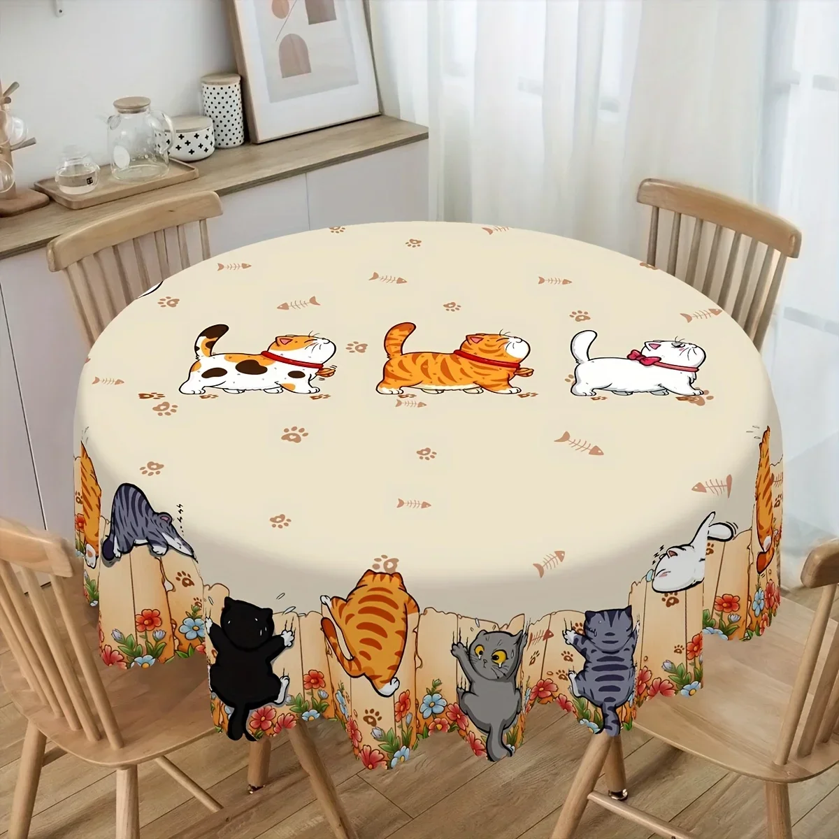 Whisker Wonders Cat-themed Polyester Tablecloth - Cute cat and paw print design, yzb
