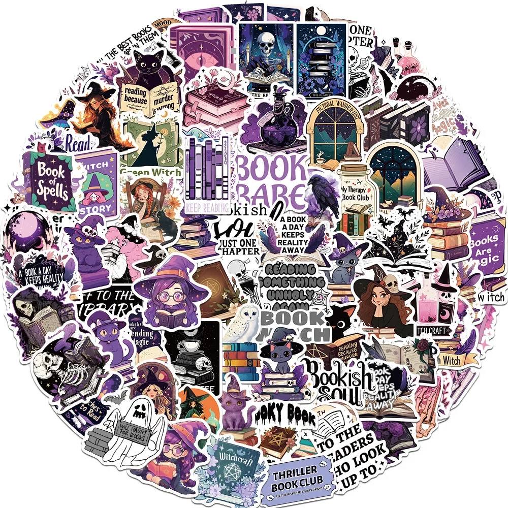 

10/50/100PCS Purple Dark Gothic Witch Bookish Stickers Book Reading Decals Scrapbook Phone Bike Suitcase Funny Cartoon Sticker