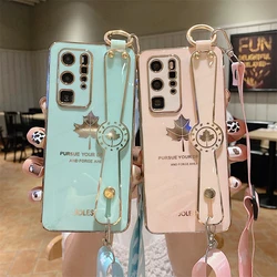 Luxury Plating Maple Wrist Strap Phone Holder Case For Huawei P20 P30 P40 P50 Pro Lite Mate 10 20 Nova 3 3i 5 6 SE 7 8 Pro Cover