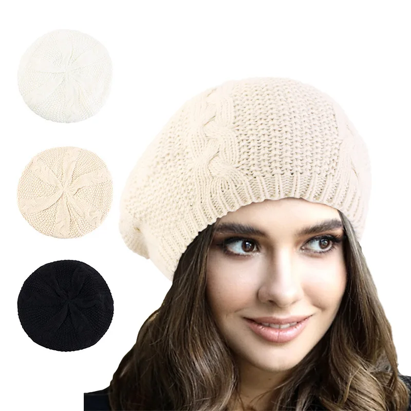 

New Women Casual Plain Color Knitted Beret Hat Winter Warm Vintage Wool French Artist Beanie Cap Painter Hat Girls Acrylic Hat