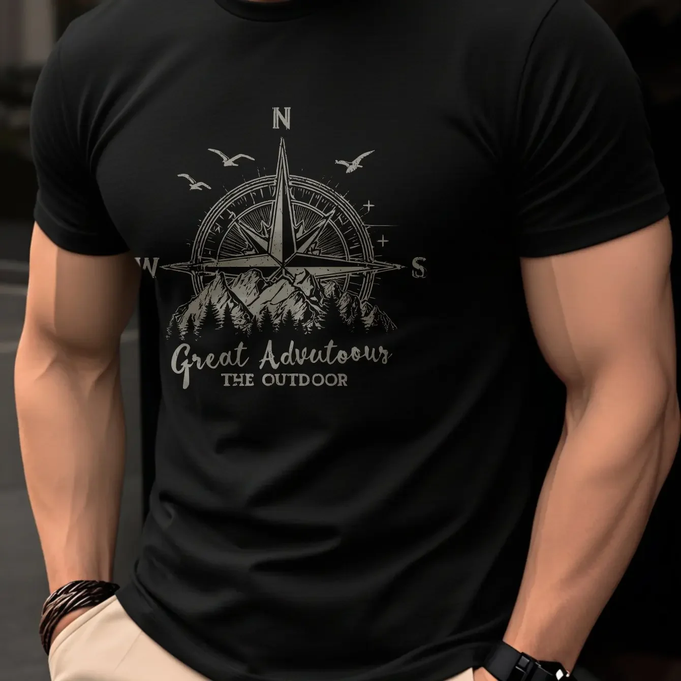 Herren Sommer Kurzarm T-Shirt Vintage Kompass-Muster Design Modisches Elegantes Oberteil Atmungsaktiv Rundhals Herrenkleidung