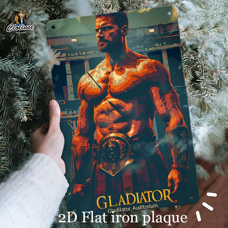 Epic Gladiator Metal Wall Art Sign -  Iron Decor , Muscular in Ancient Attire Amphitheater Scene, Vibrant Colors for Man Cave, G