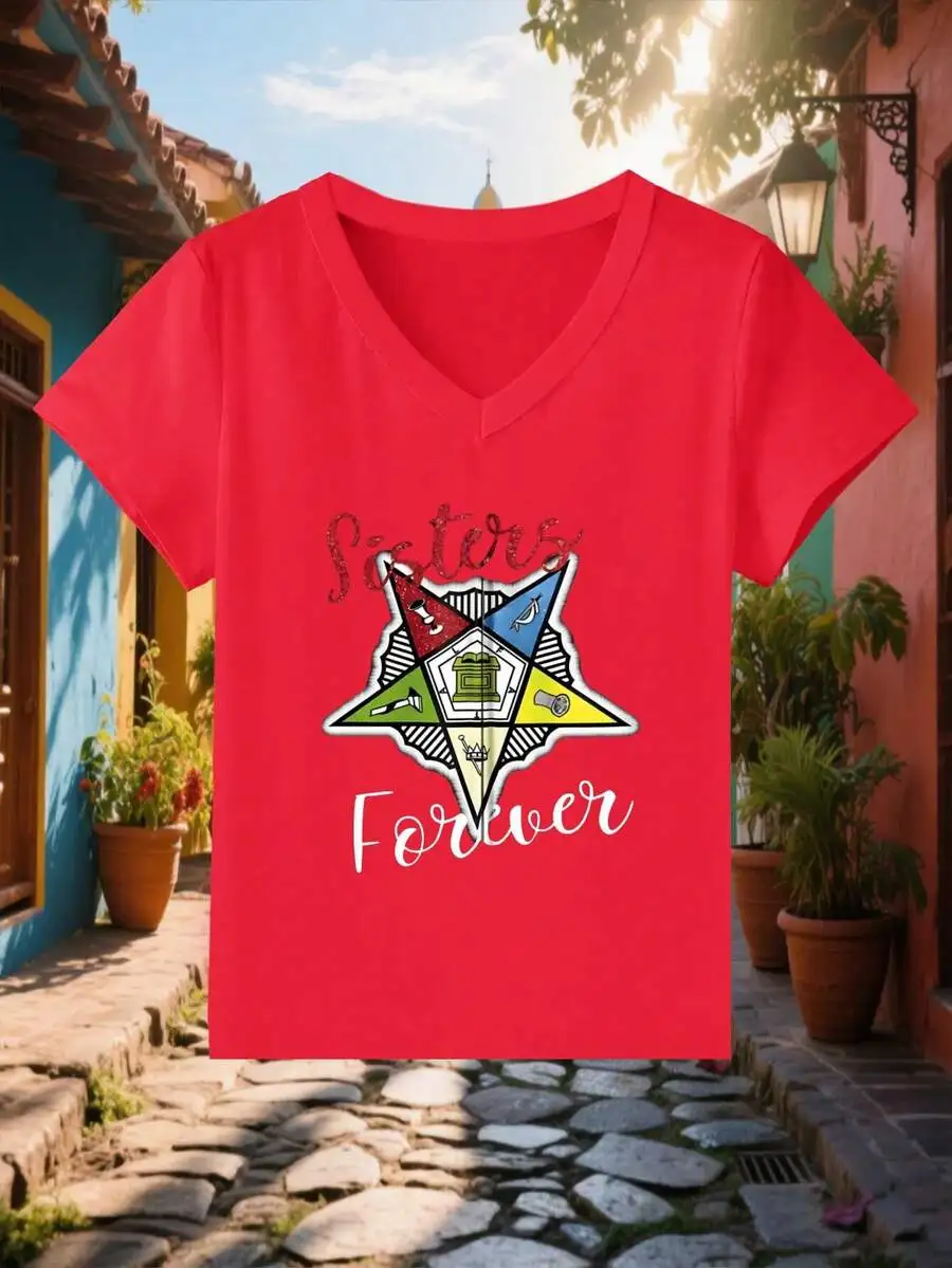 Womens V-Neck Short Sleeve Tee With Sisters Forever Star Print Casual Polyester Top