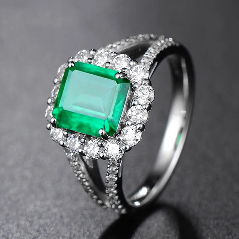 High-End Elegant Inlaid Zircon Emerald Rectangular Colored Gemstone Open for Women Fashion Adjustable Ring Jewelry