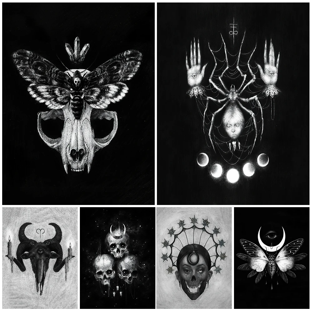 Skull,Moth And Moon Phase Vintage Wall Art Canvas Painting Pagan Witchcraft Elements Illustrations Art Poster And Print Decor