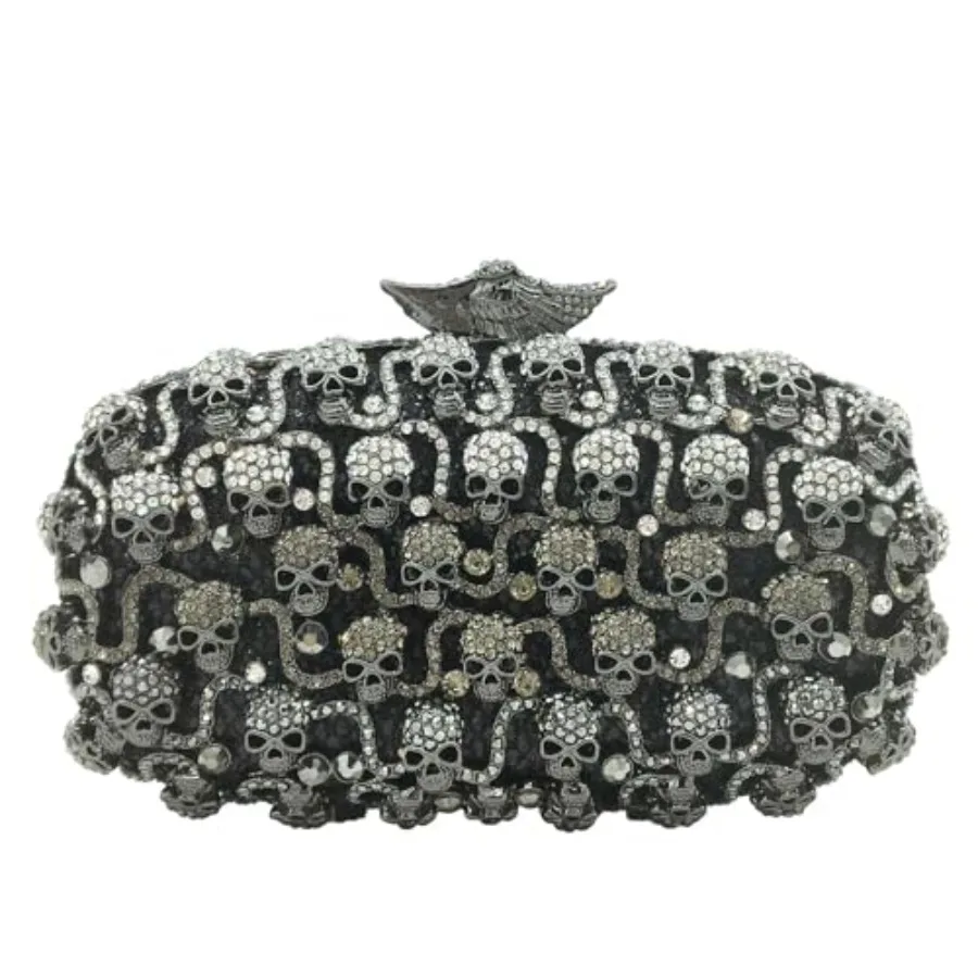 Evening clutch for party and prom use, glitter skull and rhinestone-embellished PU leather bag, black with silver crystal accen