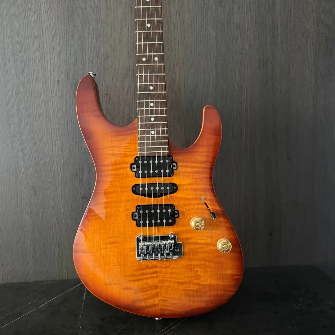6 String Electric Guitar, Flame Maple Top Sunburst Orange Red Gloss Finish, HHH Pickups, Double Locking Tremolo