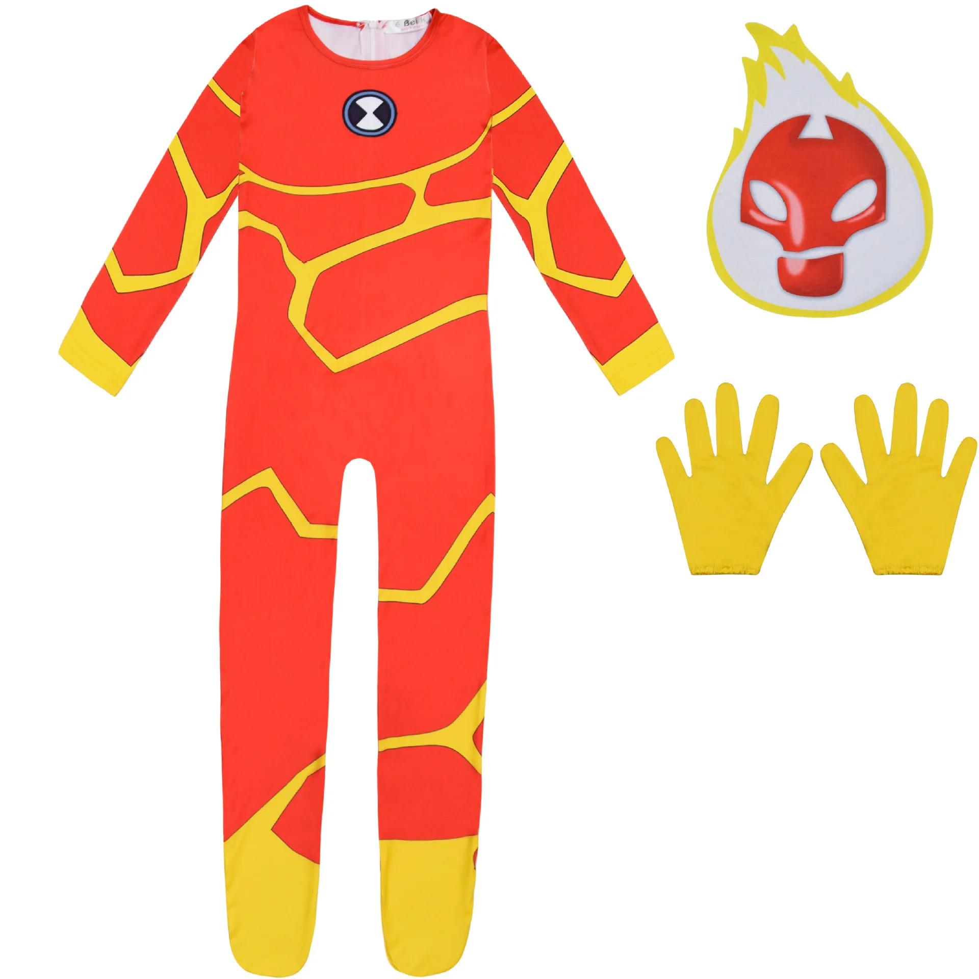 Kids Halloween Costume Anime Cartoon Ben 10 Fireman Cosplay Bodysuit Boys Carnival Party Clothing Children Fancy Jumpsuits+mask