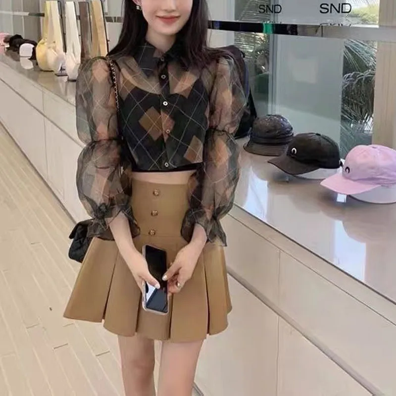 Design Sense Niche 2024 Spring Vintage New Puff Sleeve Flip Collar Bow Shirt Fashion Camisole Solid Color Casual Two Piece Set