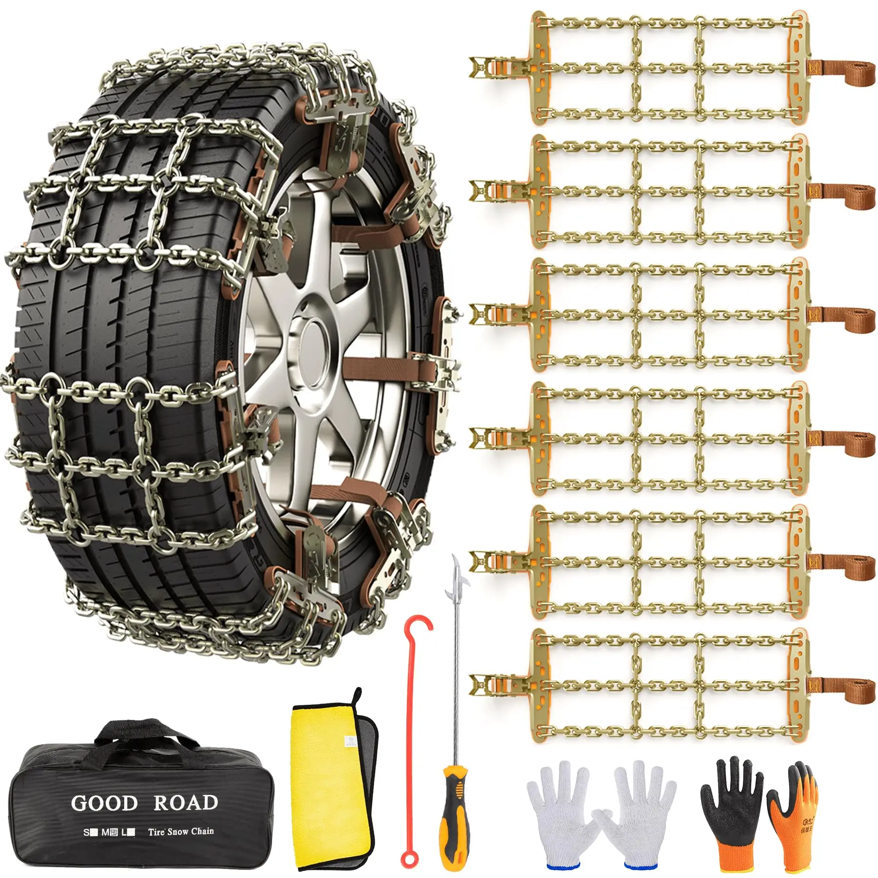 

Heavy-Duty Manganese Steel Snow Chains For Car, Truck, SUV – 6 Sets, Fits 235-285mm Tires, Ice Sand Mud Use