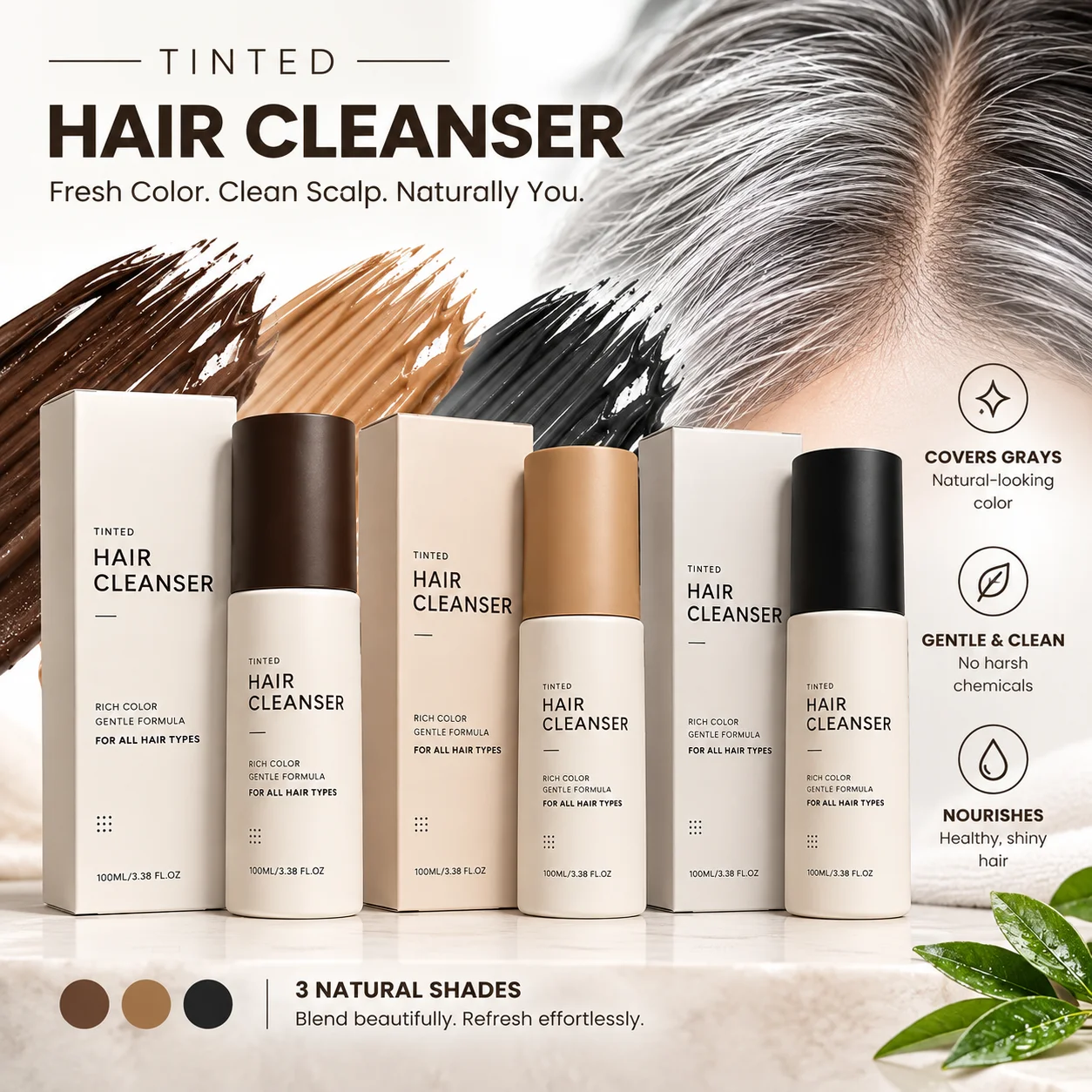 3 In 1 Semi‑Permanent Hair Color Shampoo,Long Lasting Home Hair Coloring Mess‑Free Gray Hair Solution Mild Botanical Dye Shampoo