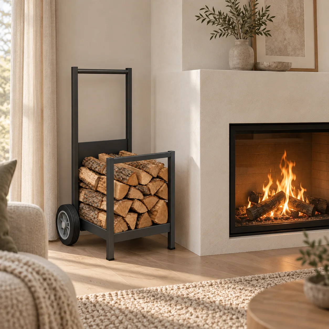 2 in 1 Firewood Cart and Storage Rack Steel Log Trolley Fireplace Log Holder with Wheels Elevated for Dry Firewood Storage
