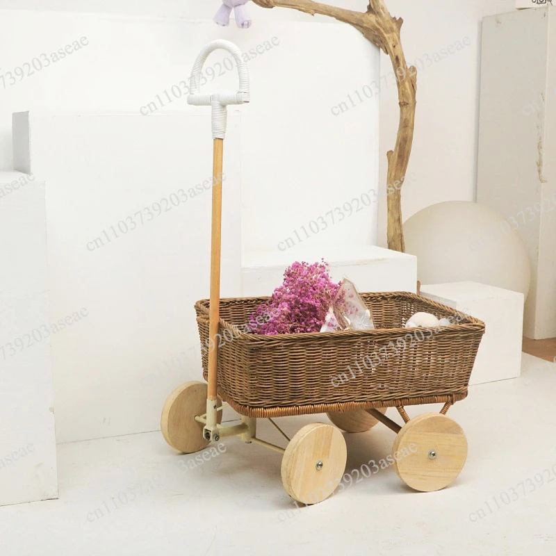 Cart Natural rattan plush toy storage basket Outdoor trolley trolley