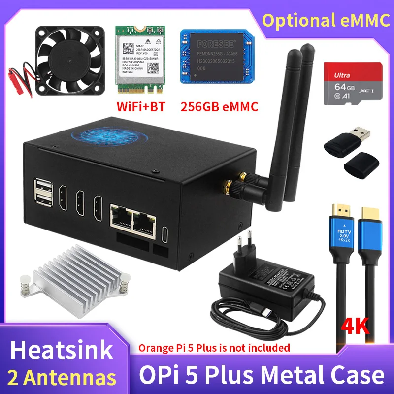 

Orange Pi 5 Plus Metal Case with Active Cooling Fan Optional Antenna Wi-Fi6 BT5.2 EMMC Module Metal Shell for Orange Pi 5 Plus