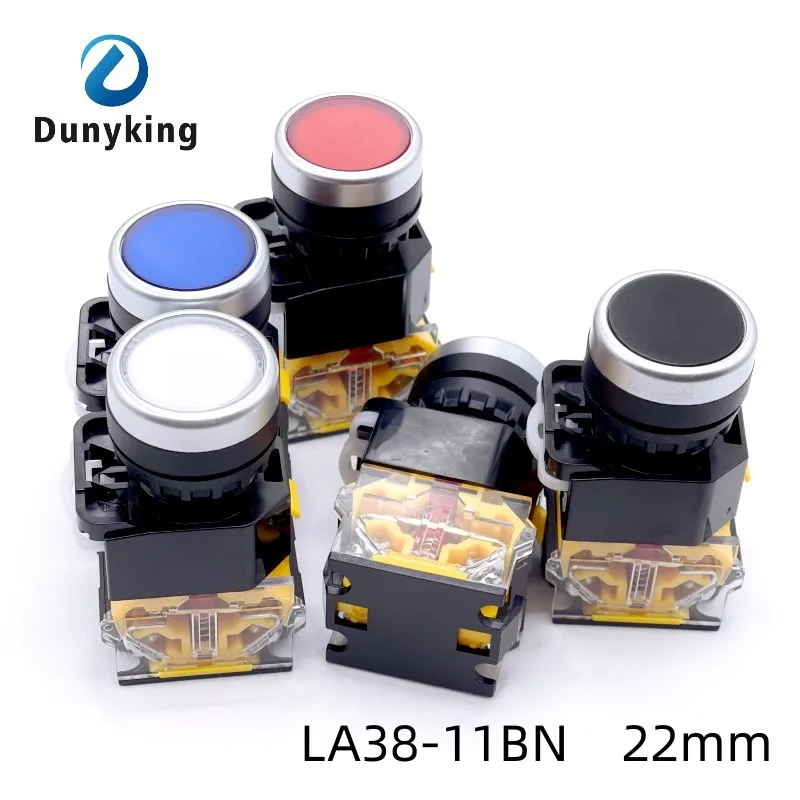 Okrągły wyłącznik zasilania 22 mm LA38, wyłącznik chwilowy 1NO/1NC ze światłem, wskaźnik LED 220 V