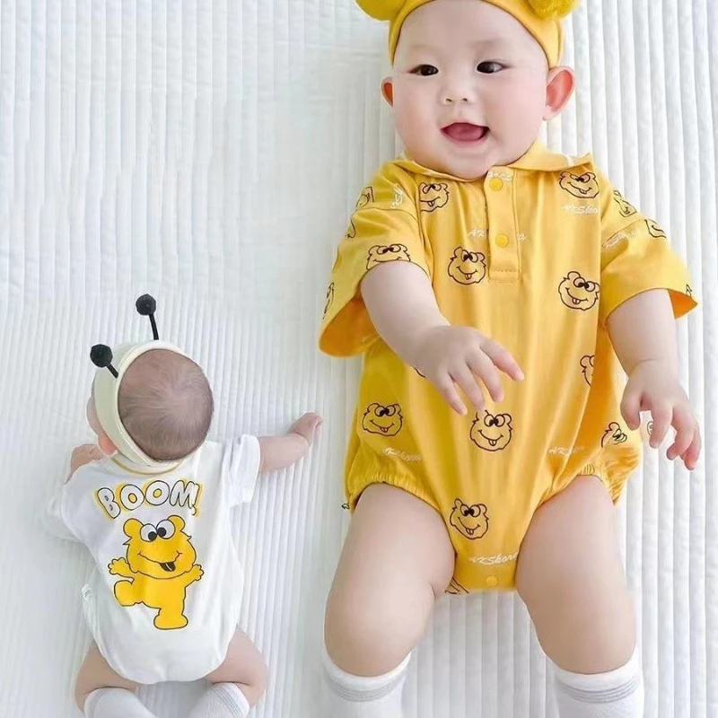 

Cartoon Triangle Wrap Fart Rompers Baby New Born Thin Pure Cotton Soft Jumpsuits Infantil Boys Cute Full Printing Lapel Onesie