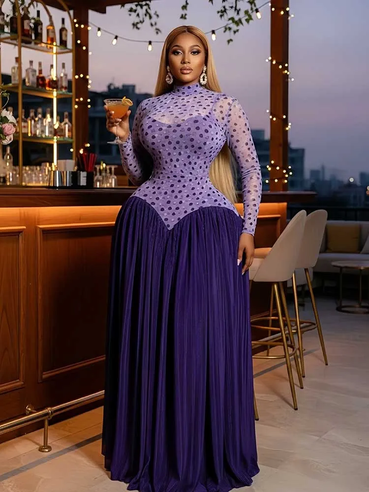 Female Clothing Spring Elegant and Chic Dress Patchwork Transparent Mesh Long Sleeve Pleated Maxi Dress High Waist