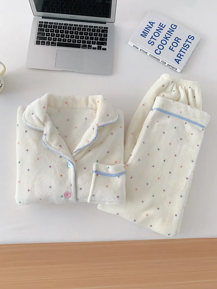 

Korean Style Thickened Coral Fleece Nightgown Women's Winter Warm Cute Student Flannel Home Clothes Set Polka Dot Print