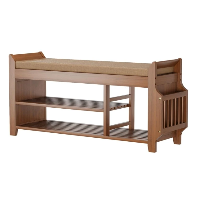 

！@Combohome 3 Tier Bamboo Shoe Rack Removable with Storage Basket and Cushion for Umbrella Stand Living Room or Hallway