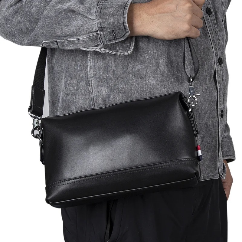 Leather men's cross-body small cross-stitch shoulder bag, top layer of cowhide, business casual, portable, cross-body bag