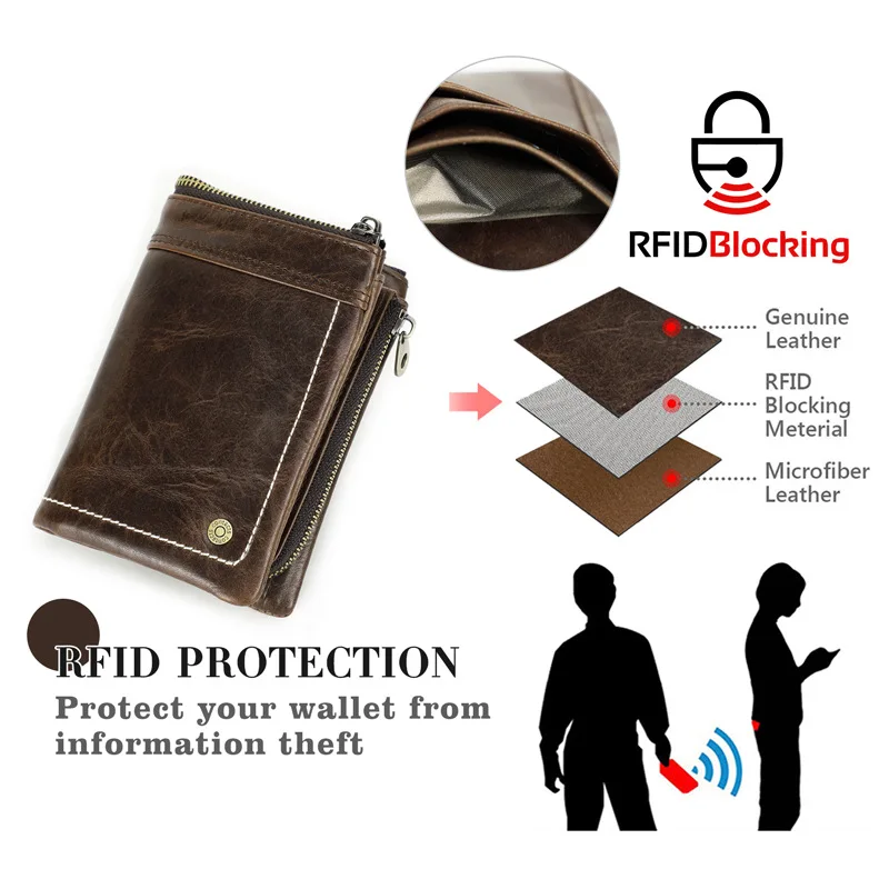 Top layer cowhide RFID men's wallet multi-function airtag Tracker Zipper clap multi-function men's business wallet