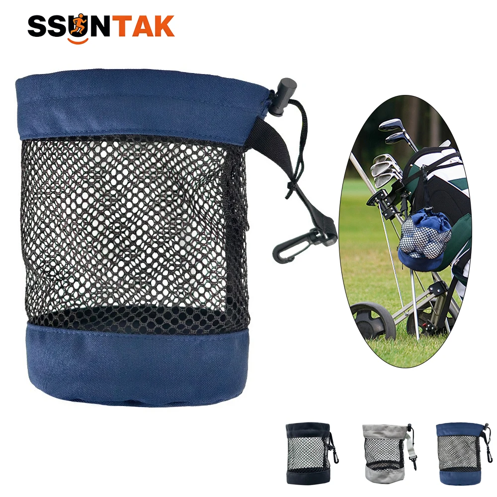 SSUNTAK Portable Golf Mesh Drawstring Pouch Golf Ball Storage Bag with Carabiner Hook Lightweight Golf Accessories Carry Net Bag
