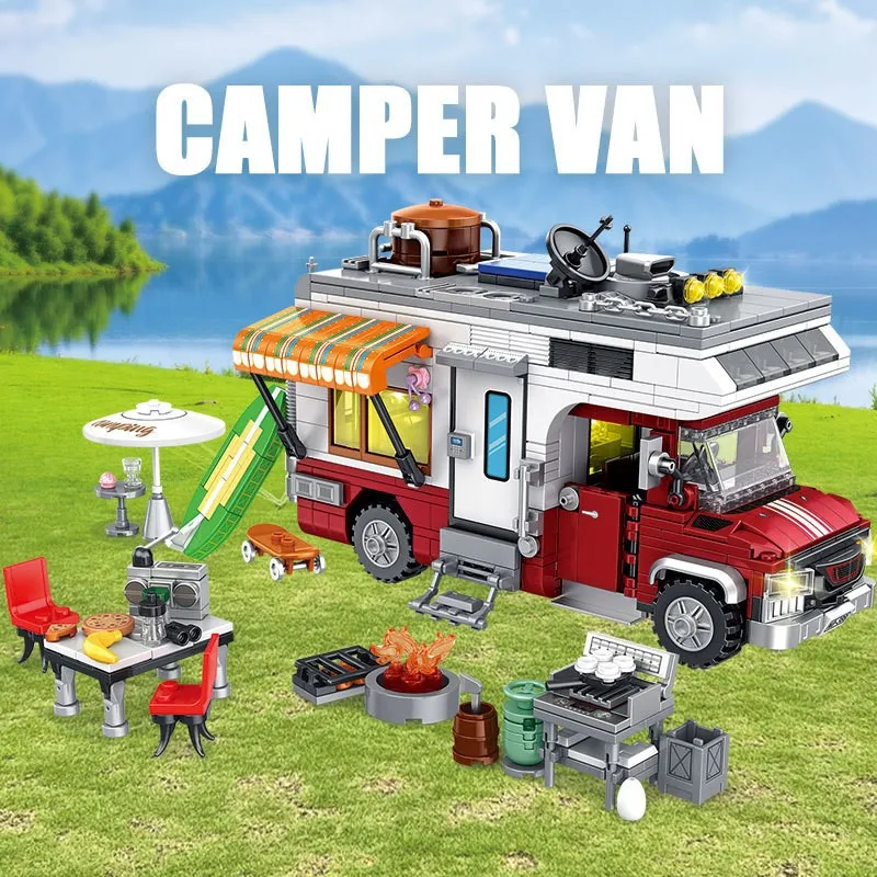 IN STOCK MOC Creativity Campervan Building Blocks Model Travel Car Bricks Assembling Toys for Boys Christmas Gift Set