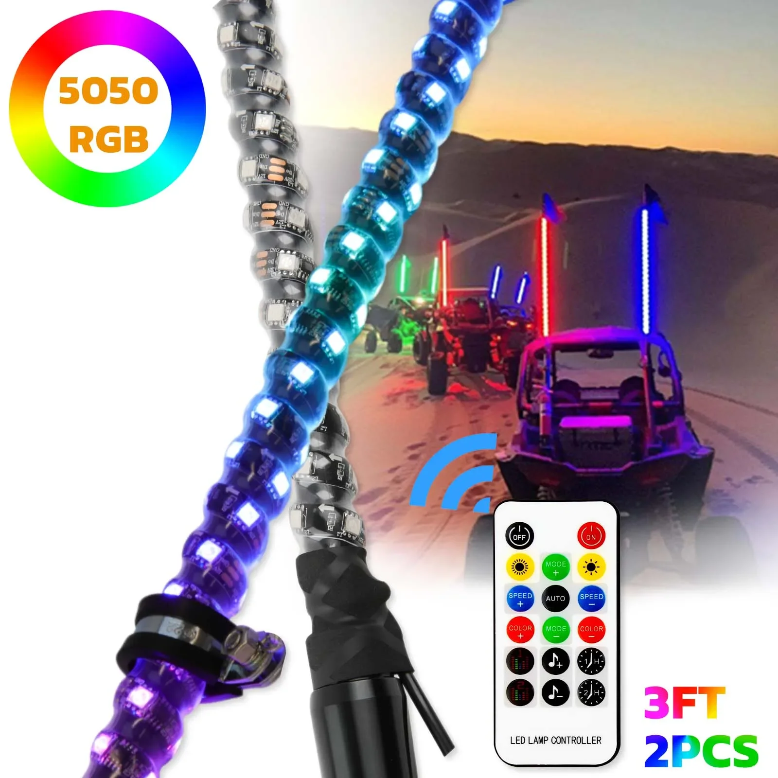 

2PCS 3/4FT Bluetooth and Remote Control Colorful Spiral LED Whip Lights Lighted Antenna Whips for ATV Polaris RZR Flagpole Lamp