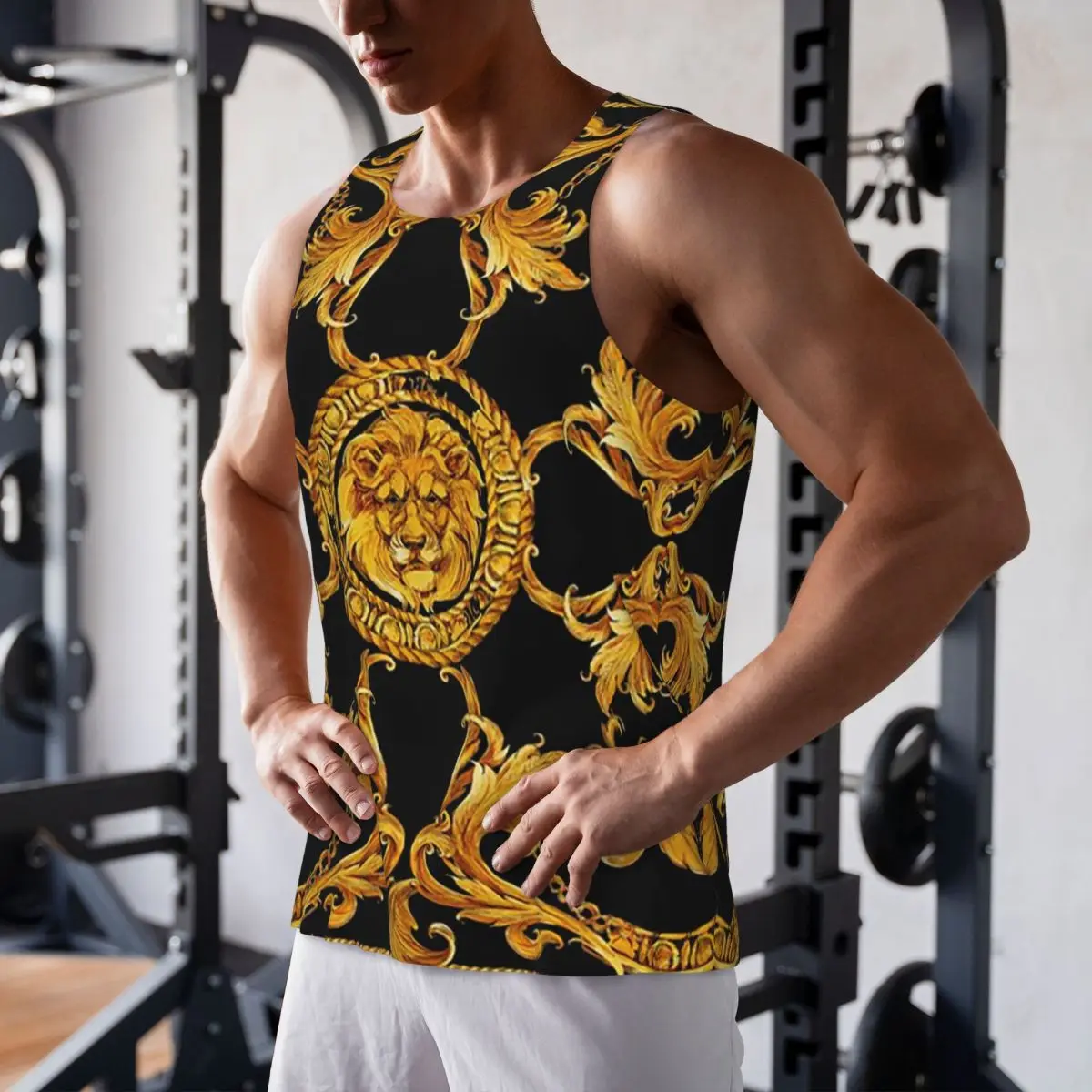 

Быстросохнущая рубашка без рукавов с золотым львом в стиле барокко, спортивная майка, дышащий жилет для бодибилдинга