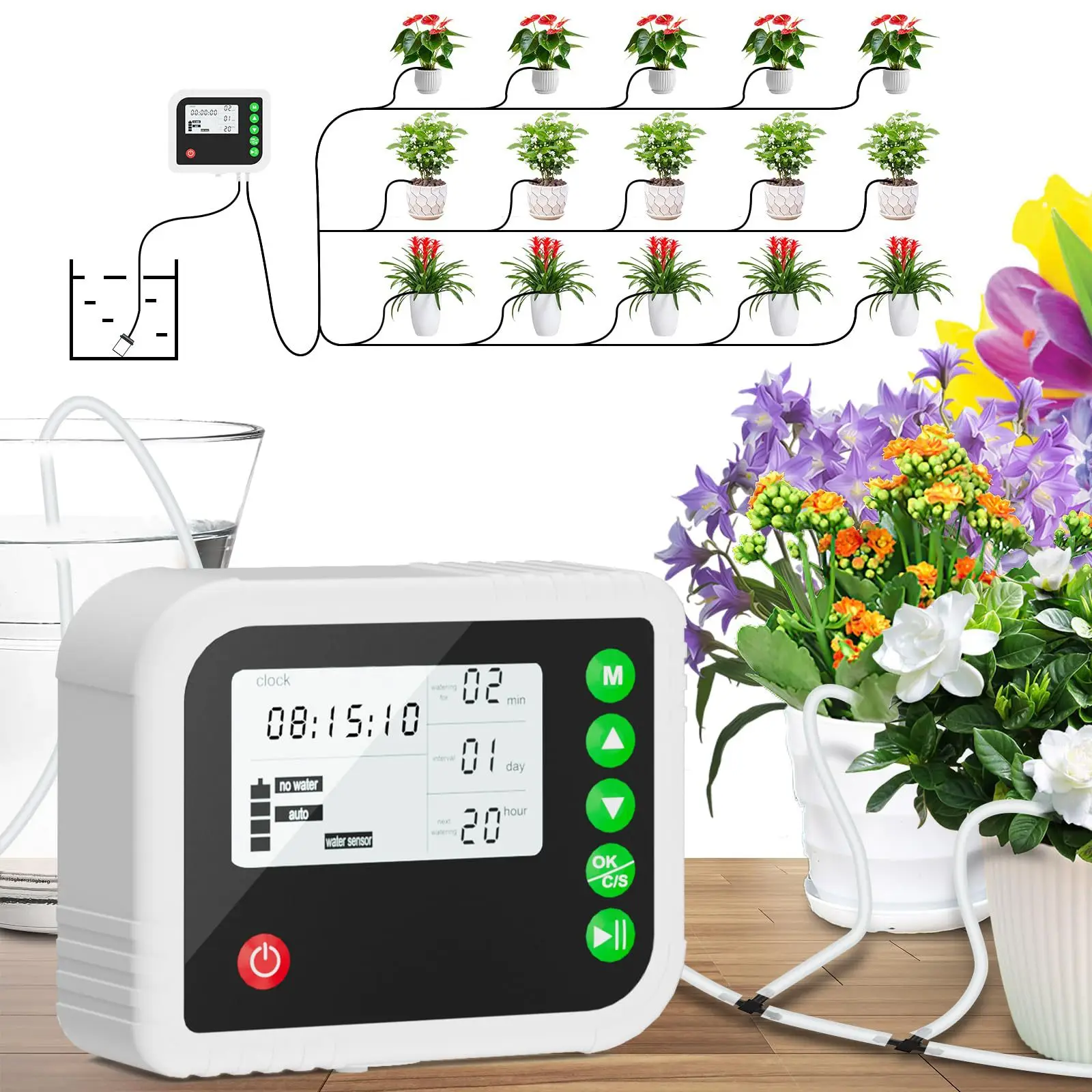 Indoor Automatic Watering System LED Display and Power Automatic Drip Irrigation Kit, Plant Watering Device