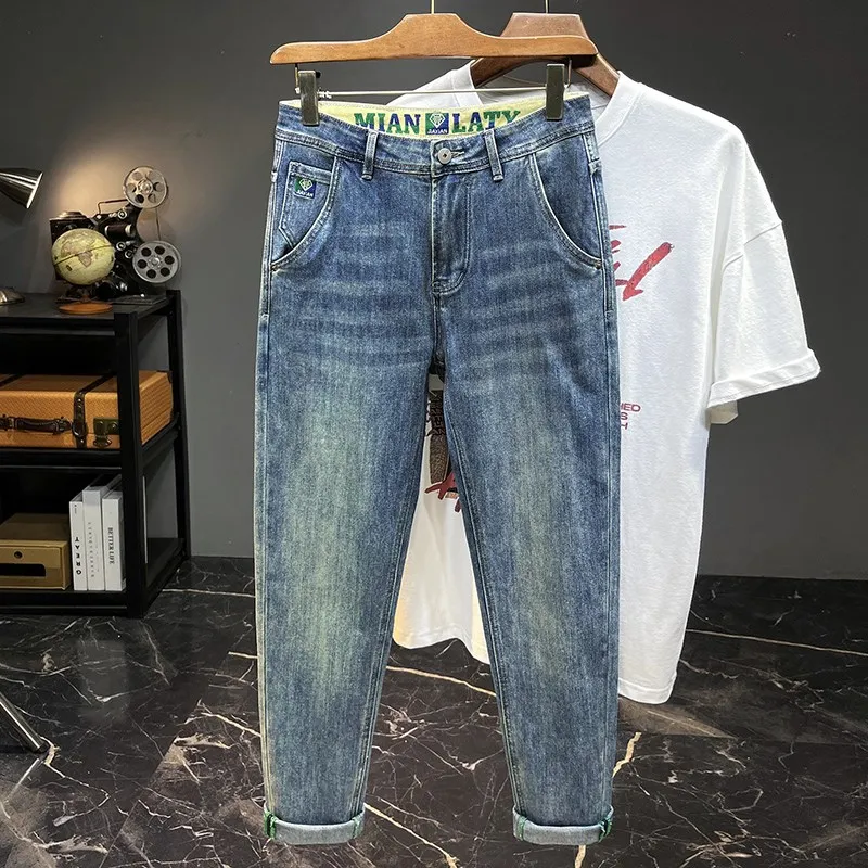 

Мужские джинсы в стиле ретро, весна-лето, новые, свободные, прямые, эластичные, зауженные к низу, повседневные, укороченные (до щиколотки), со средней посадкой, на молнии, с эффектом потертости (Stone Washed)