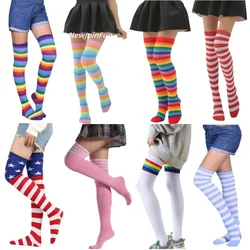 Meias listradas arco-íris para mulheres, Meias High Star Stripe Coxa, Meias Longas Lolita