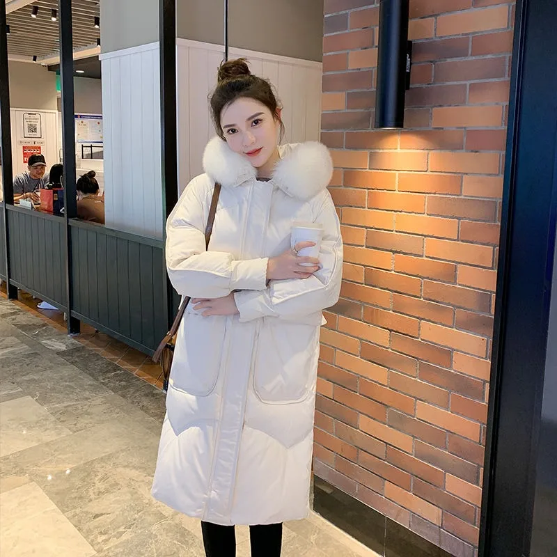 2023 neue Frauen Daunen Baumwoll mantel Winter jacke weibliche mittellange Version Parkas lose dicke Outwear Kapuze Pelz Colla Mantel