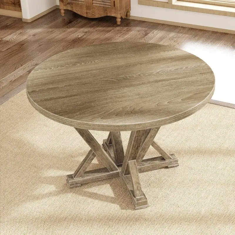 Rustic Round Dining Table 45.7in Solid Rubberwood Antique Finish Distressed Look for 4 Seats - Modern Farmhouse Style