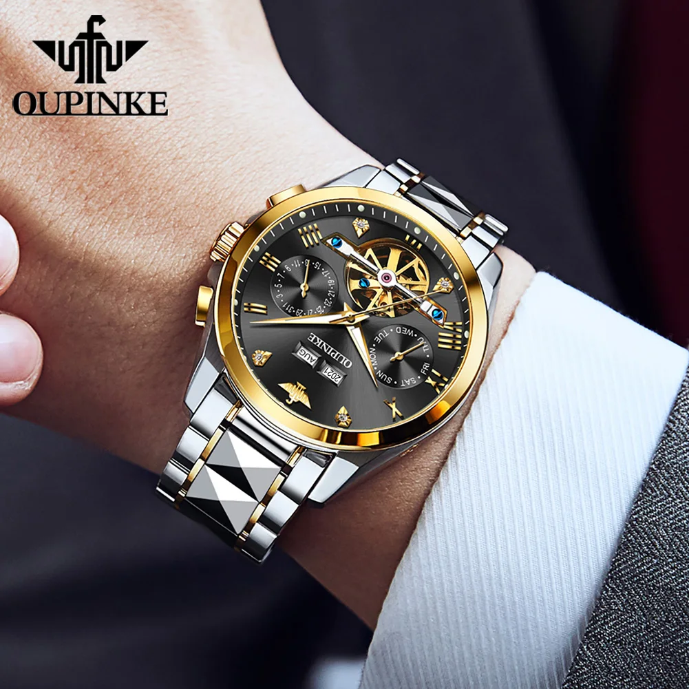 OUPINKE Top Brand Men\'s Watches Luxury Sapphire Automatic Mechanical Watch for Man Tungsten Steel Tourbillon Wristwath Calendar