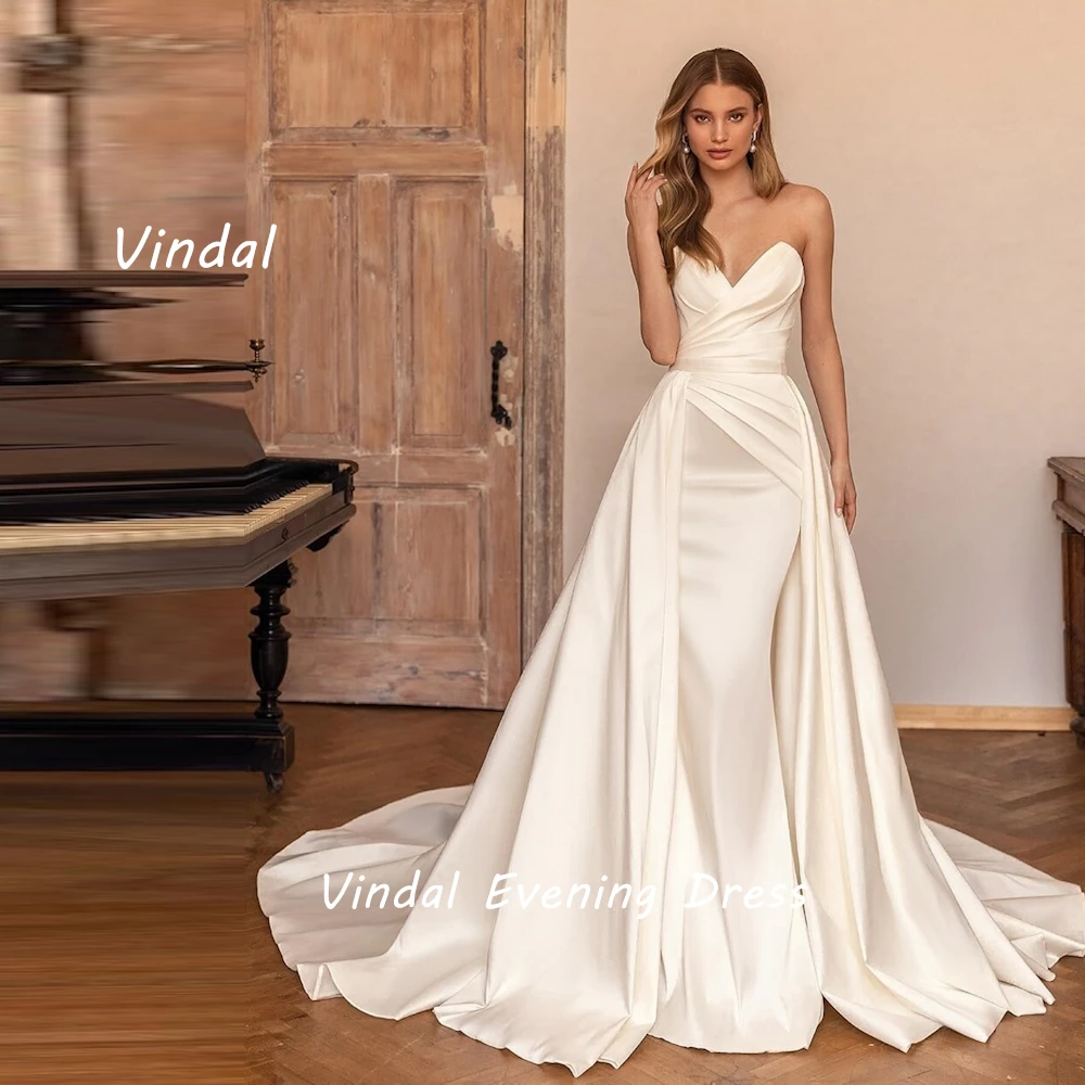 

Vindal Floor length Sweetheart Neckline luxurious Straight Ruffle Satin Breast Padding Elegant Sleeveless السعود For Woman 2024