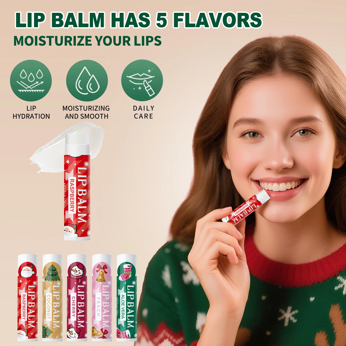 مجموعة هدايا تجميع عيد الميلاد - 5 مجموعات، بما في ذلك بلسم، كريم اليد، أحمر الشفاه، كيس شاش أحمر، بطاقة شكر شجرة عيد الميلاد