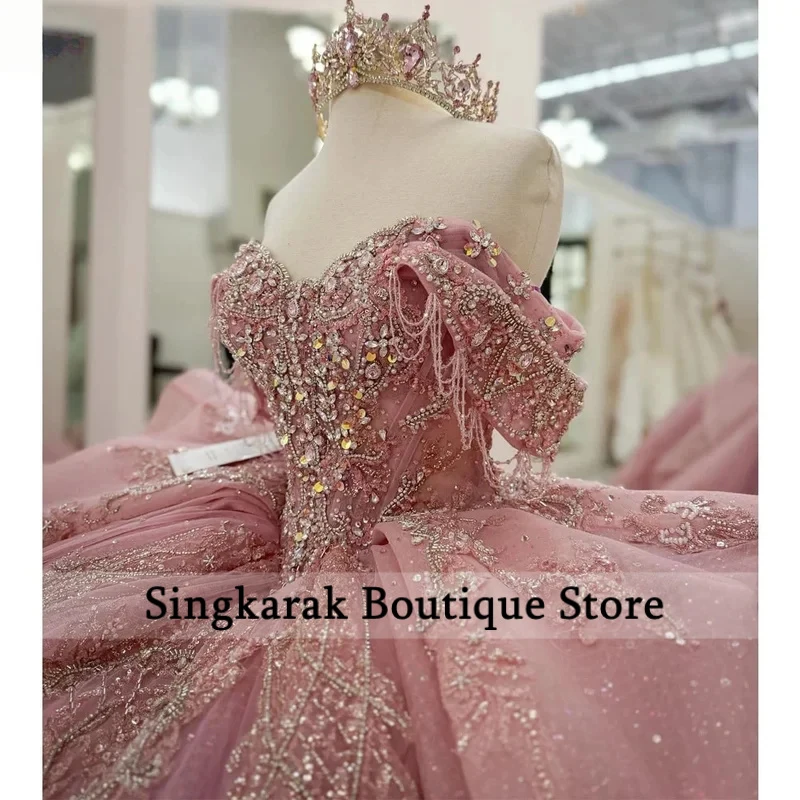 Pink Quinceanera Dresses Ball Gown Off The Shoulder Appliques Beaded Sweet 16 Dresses 15 Años Mexican Customized